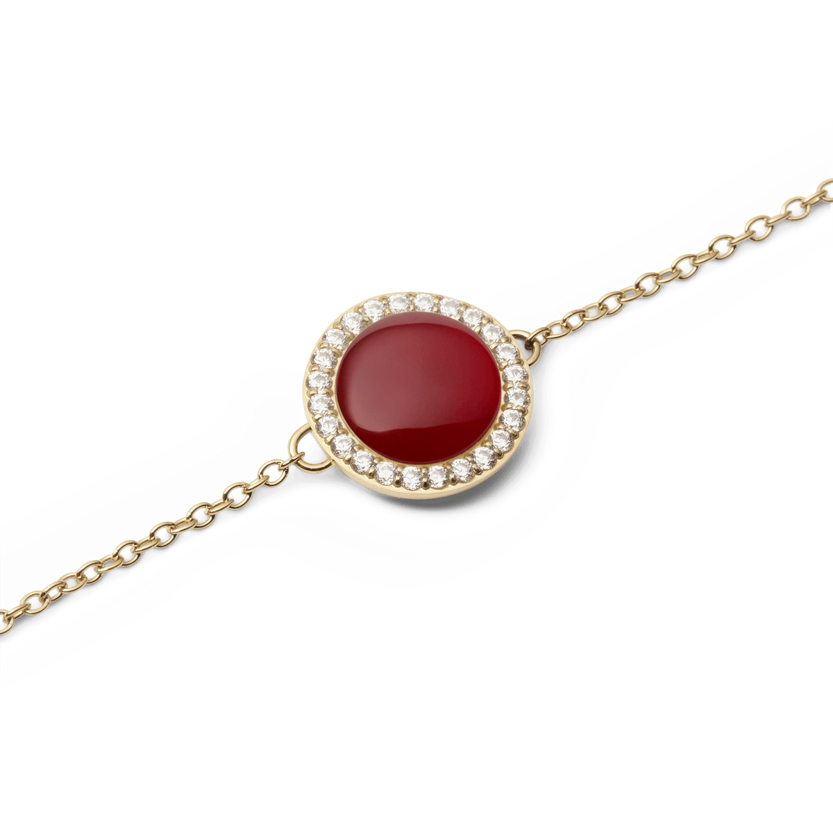 Close-up of Audrey Bracelet featuring a domed red agate stone with cubic zirconia halo on a fine gold chain.