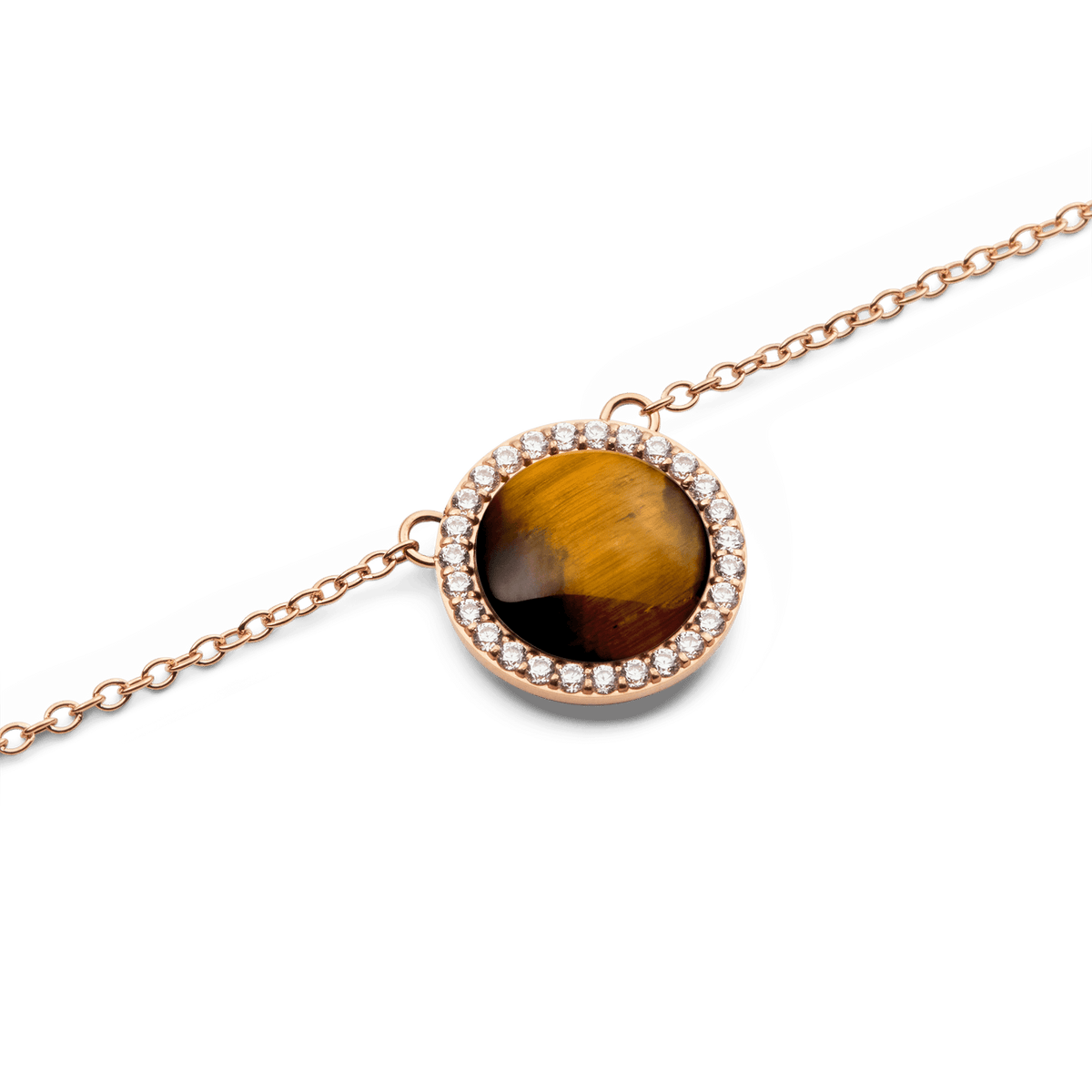 Close-up of Audrey Necklace Tiger Eye Rose Gold featuring a domed Tiger Eye stone framed by sparkling cubic zirconia crystals.