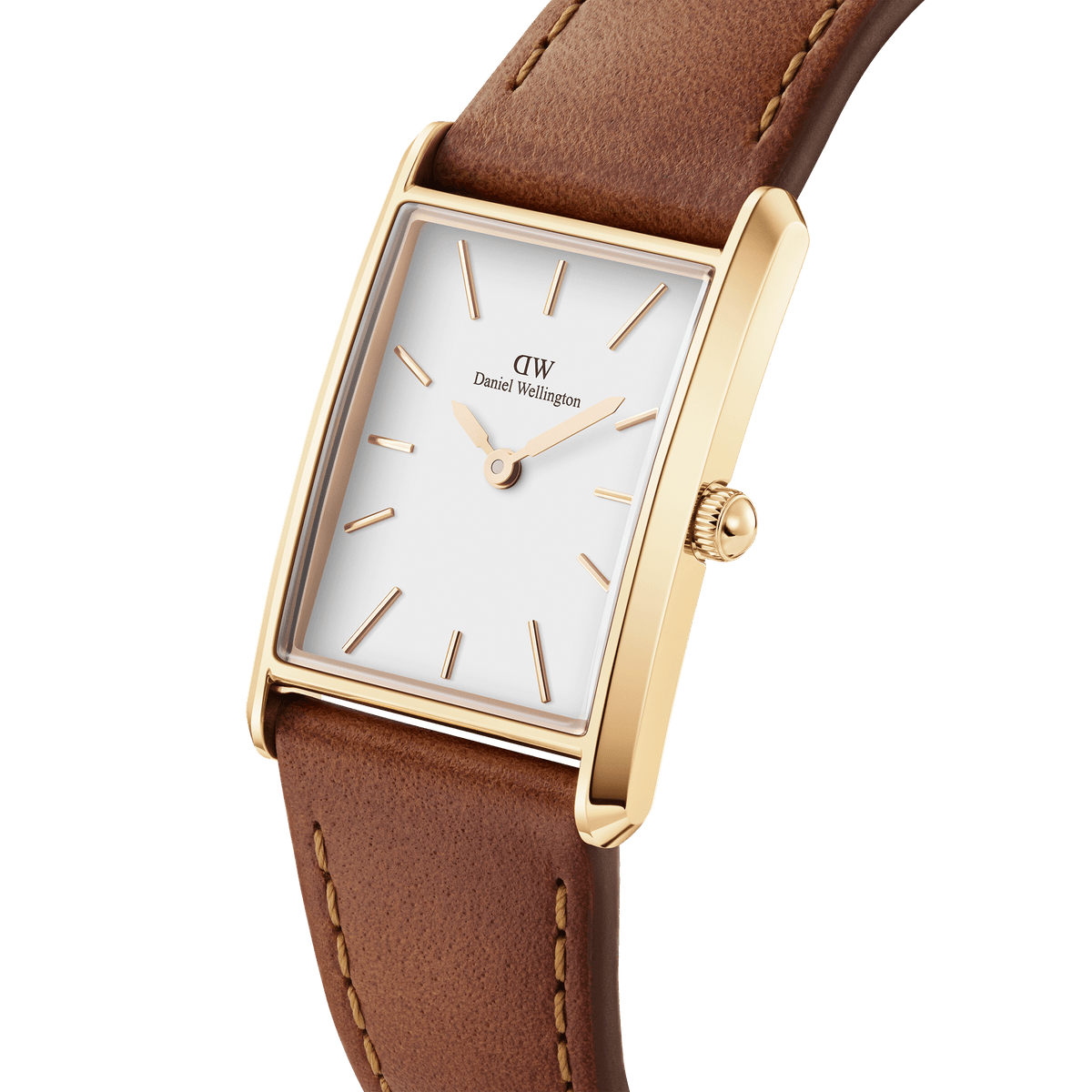 Bound Durham Gold women’s watch with rectangular gold case, white dial, gold markers, and brown leather strap by Daniel Wellington.