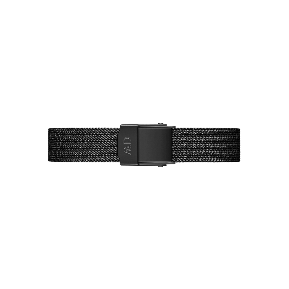 Pressed Ashfield Strap Black featuring a finely woven matte black mesh design, slim 10mm width, and an engraved fold-over clasp for a sleek, modern finish.