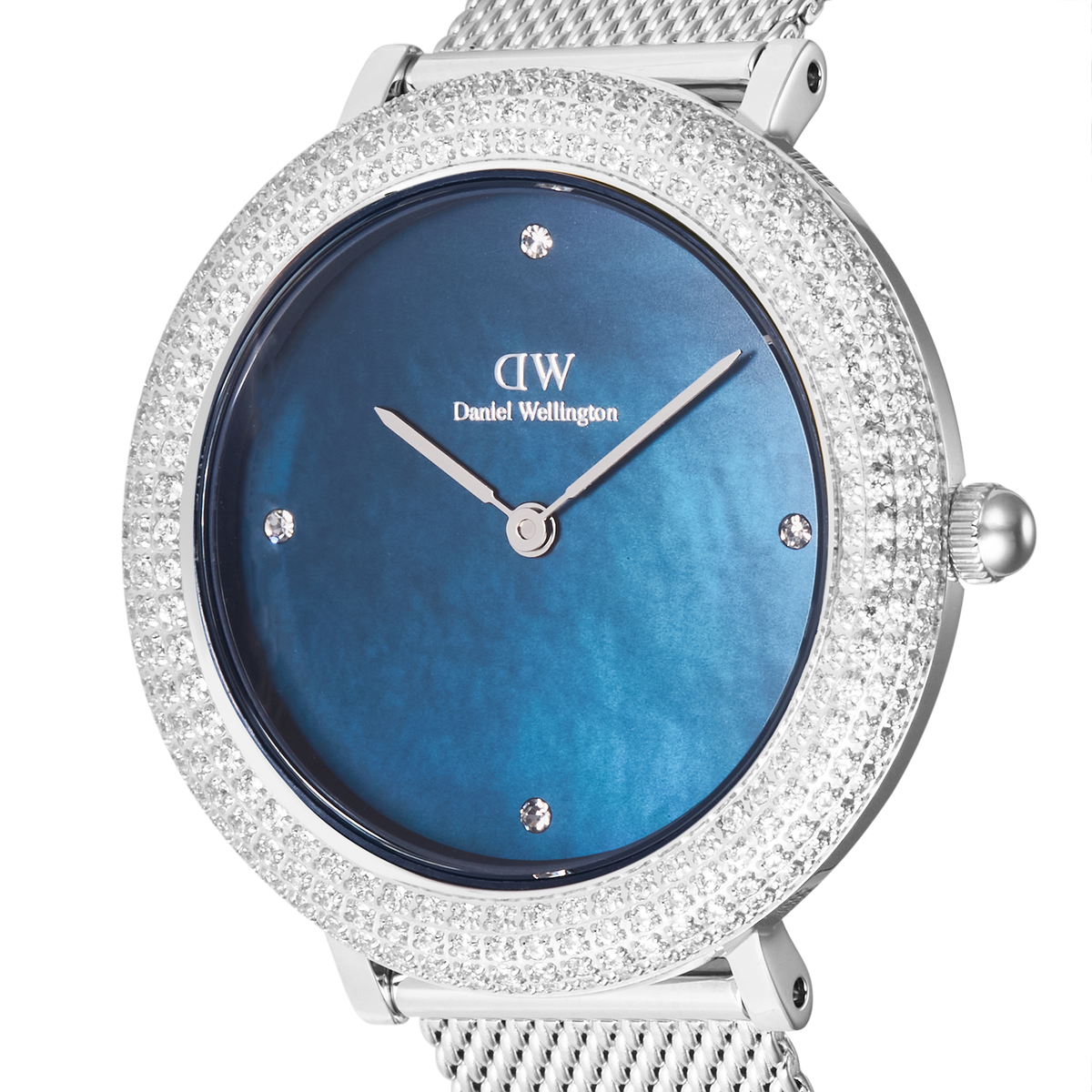 Close-up of Crystalline Bezel Sterling Blue watch with blue mother-of-pearl dial and sparkling cubic zirconia bezel.
