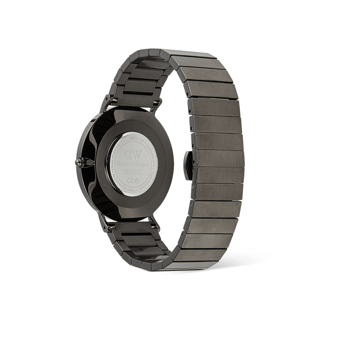 Rear view of the Classic Piano Link Graphite Unitone watch, highlighting the brushed graphite stainless steel piano link strap and engraved case back.