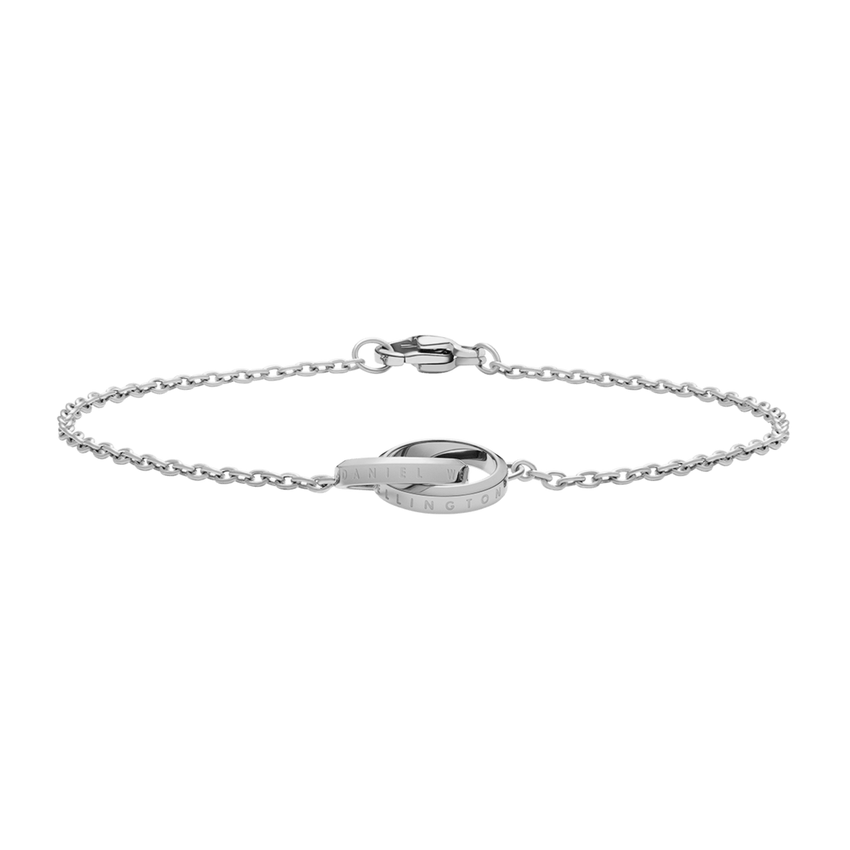 Slim silver Daniel Wellington Elan Unity Bracelet with two polished interlocking rings and a delicate stainless steel chain.
