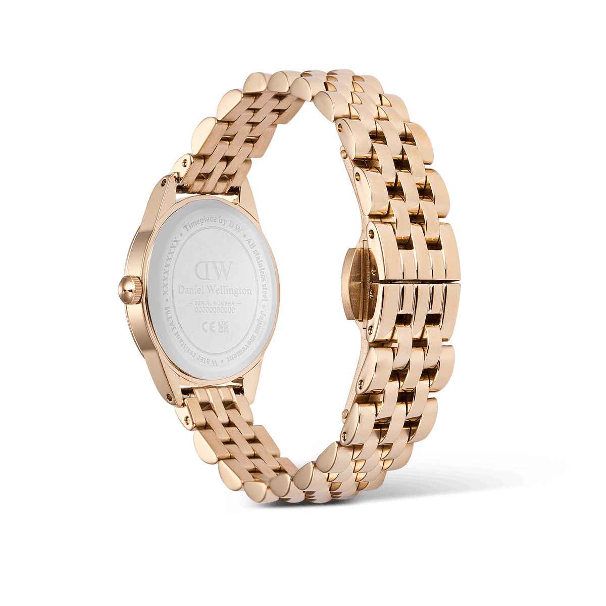 Rear view of the Ophelia Mini Emerald Rose Gold watch, showing the engraved stainless steel case back and polished rose gold beans link bracelet with butterfly clasp.