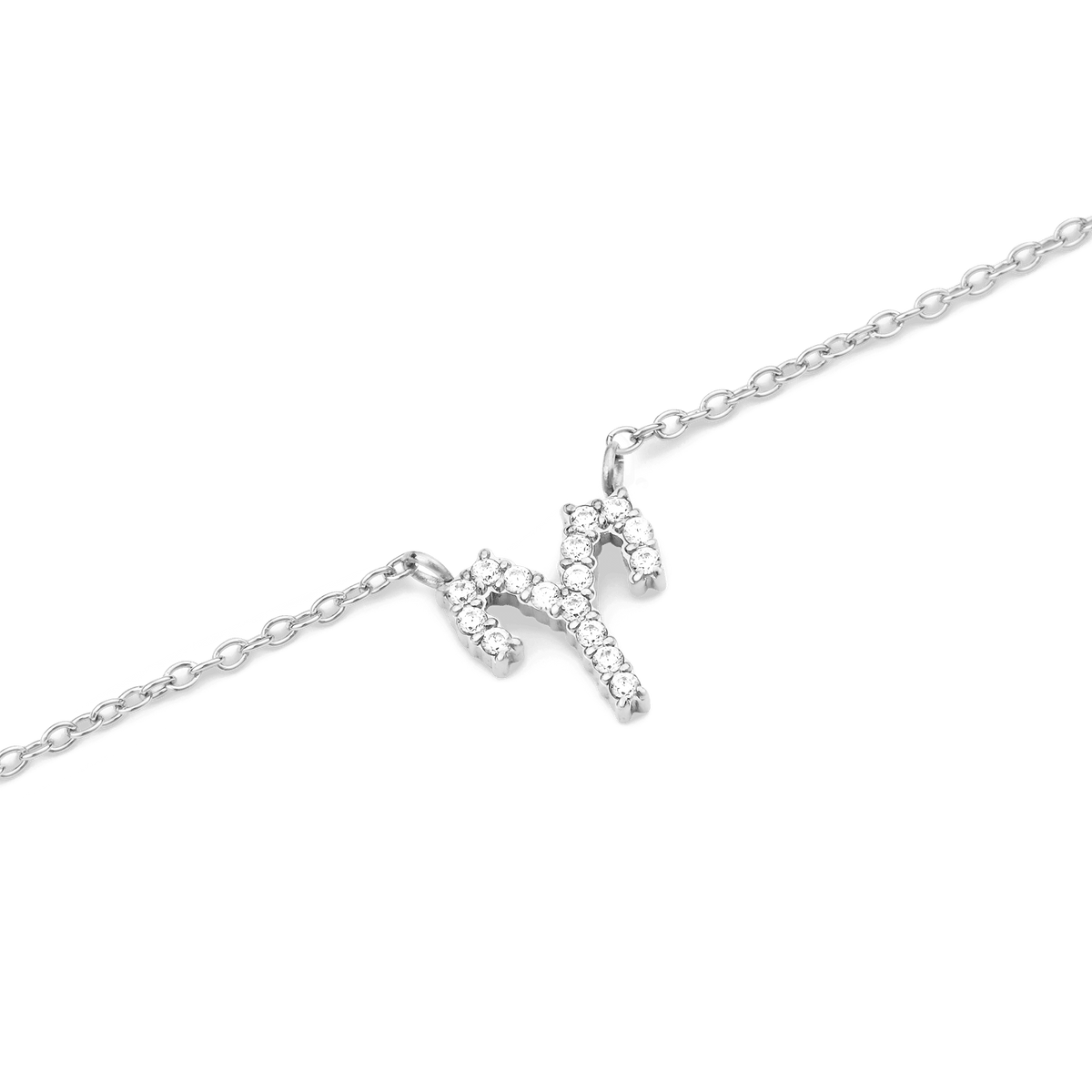 Silver chain necklace with an Aquarius zodiac pendant, detailed with hand-set sparkling crystals.