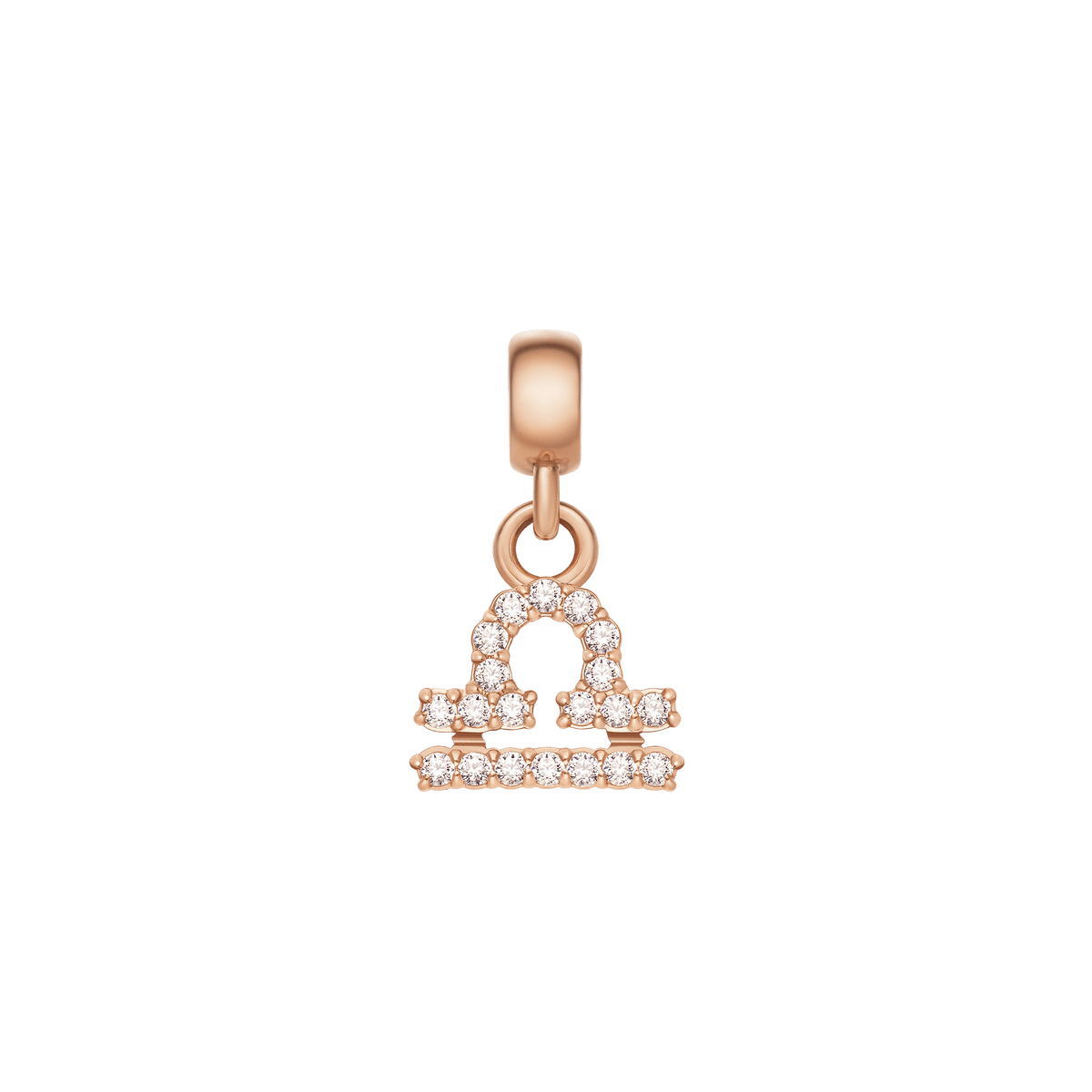 Libra zodiac charm in rose gold stainless steel, featuring a sparkling cubic zirconia symbol with a refined, minimalist design.
