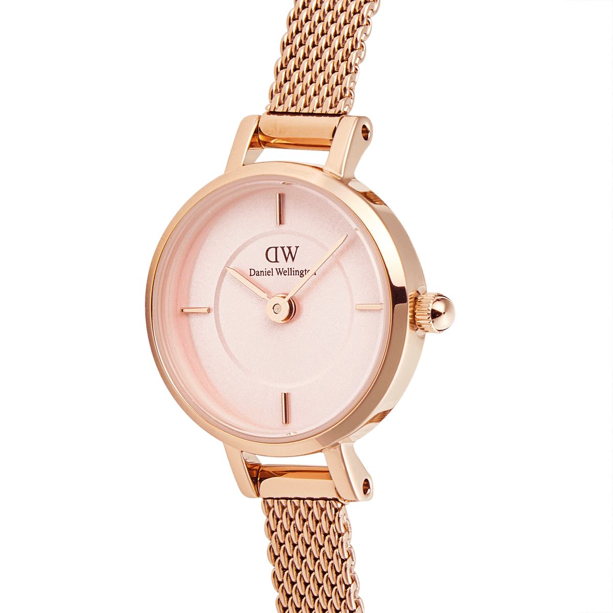 Petite Mini Blush Melrose rose gold watch with a blush pink sunray dial and a fine mesh strap, featuring minimalist hour markers and a compact, elegant design.