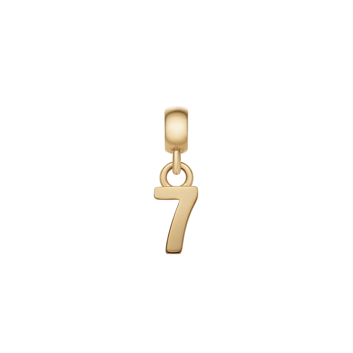 Gold number 7 charm with a smooth, polished finish and minimalist design, crafted from stainless steel with PVD gold plating for personalising bracelets or necklaces.