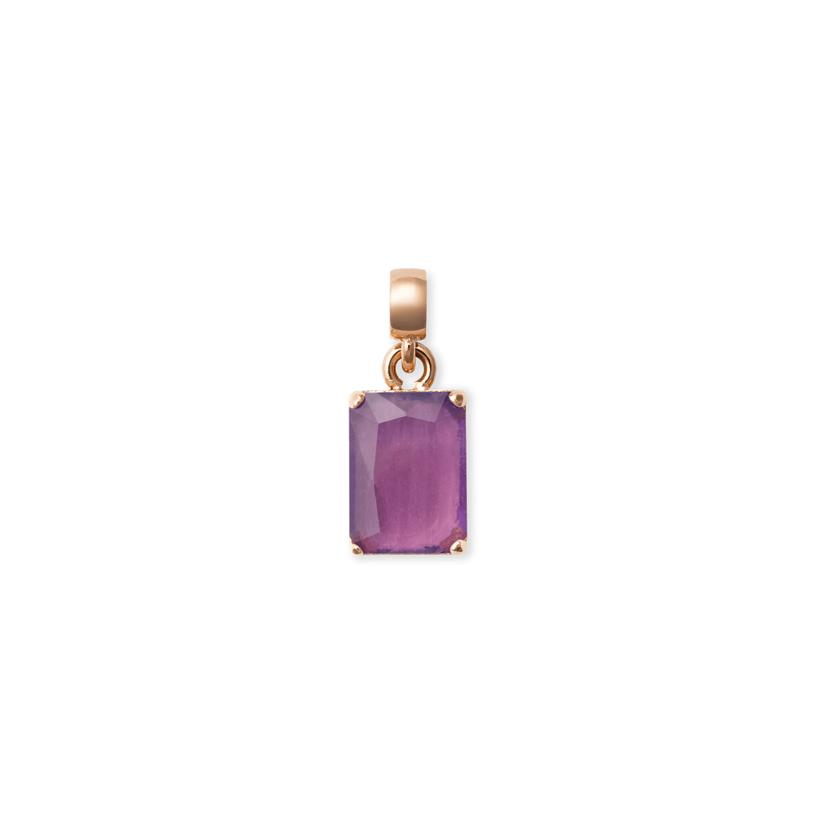 Octagonal amethyst charm set in polished rose gold PVD-plated stainless steel, featuring a faceted purple gemstone with subtle natural variations and a delicate, modern design.