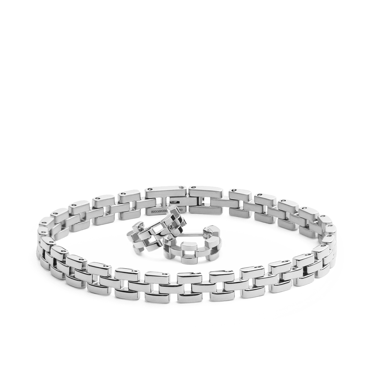 Polished silver jewellery set featuring a geometric link bracelet and matching earrings, both crafted with a modern, rectangular link design for a sleek and sophisticated finish.