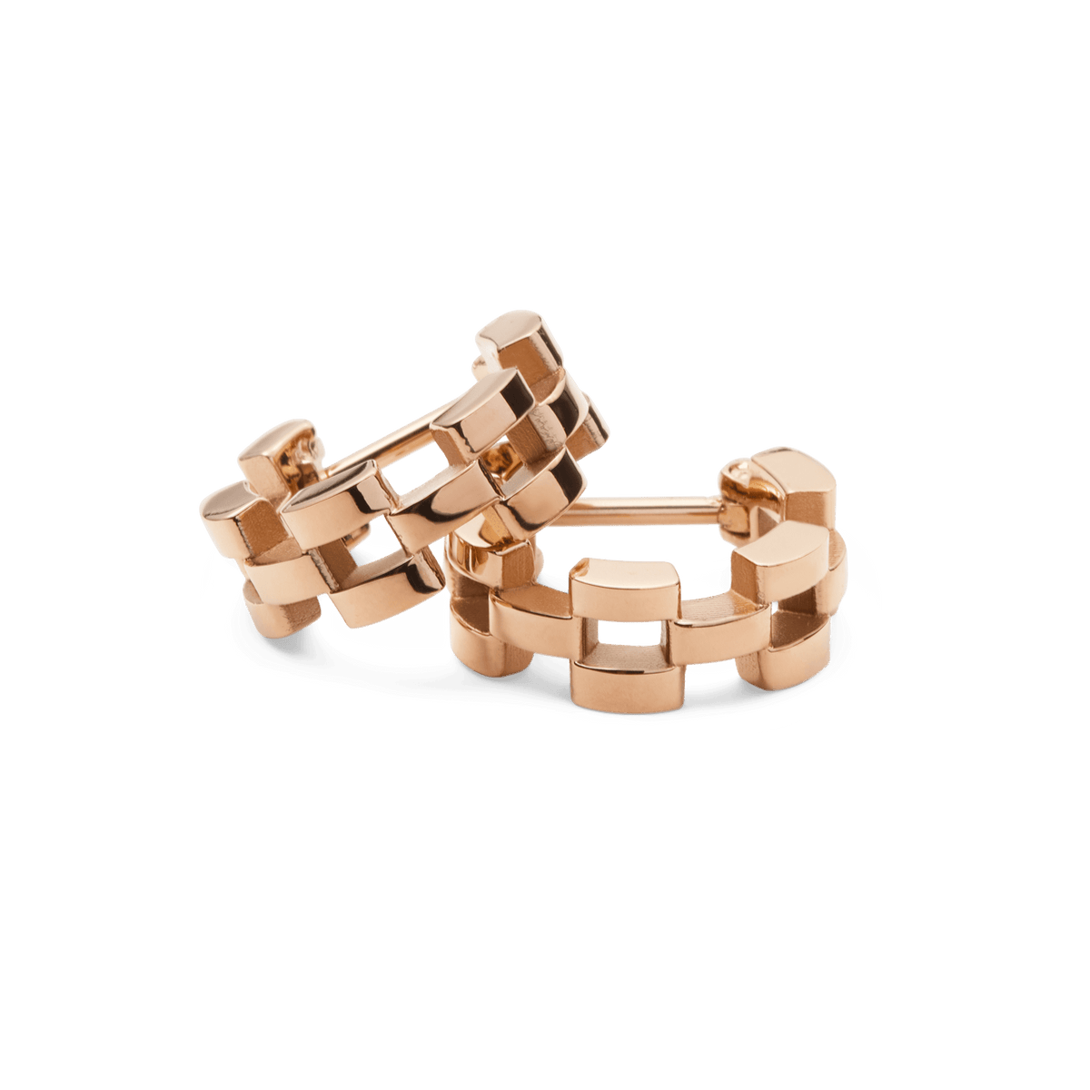 Pair of rose gold 3-link earrings crafted from polished stainless steel, featuring a geometric linked design with subtle gaps for a modern, elegant finish.