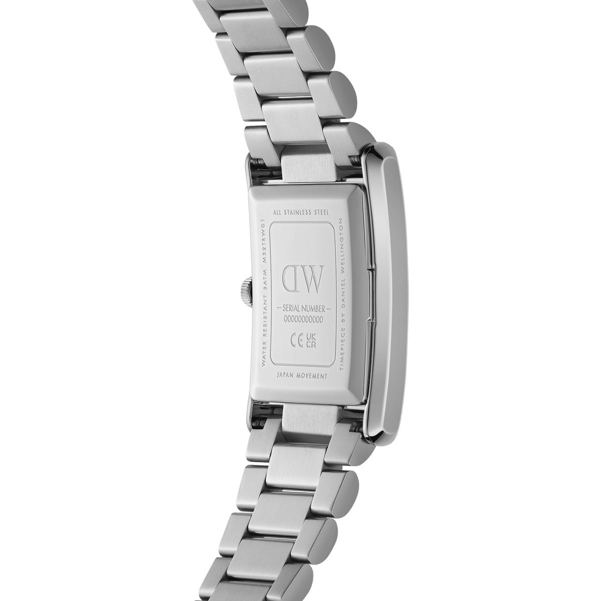 Back view of Bound 3-Link Silver watch showing stainless steel case, engraved details, and 3-link bracelet.
