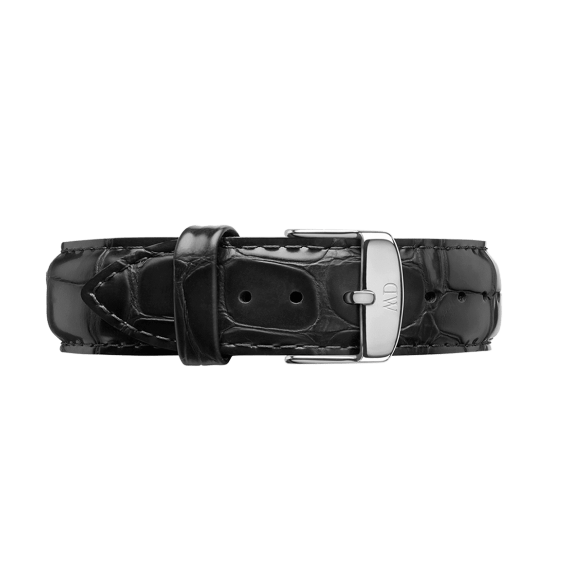Genuine black croc embossed leather watch strap featuring a polished silver buckle with engraved branding, highlighting its refined texture and classic style.