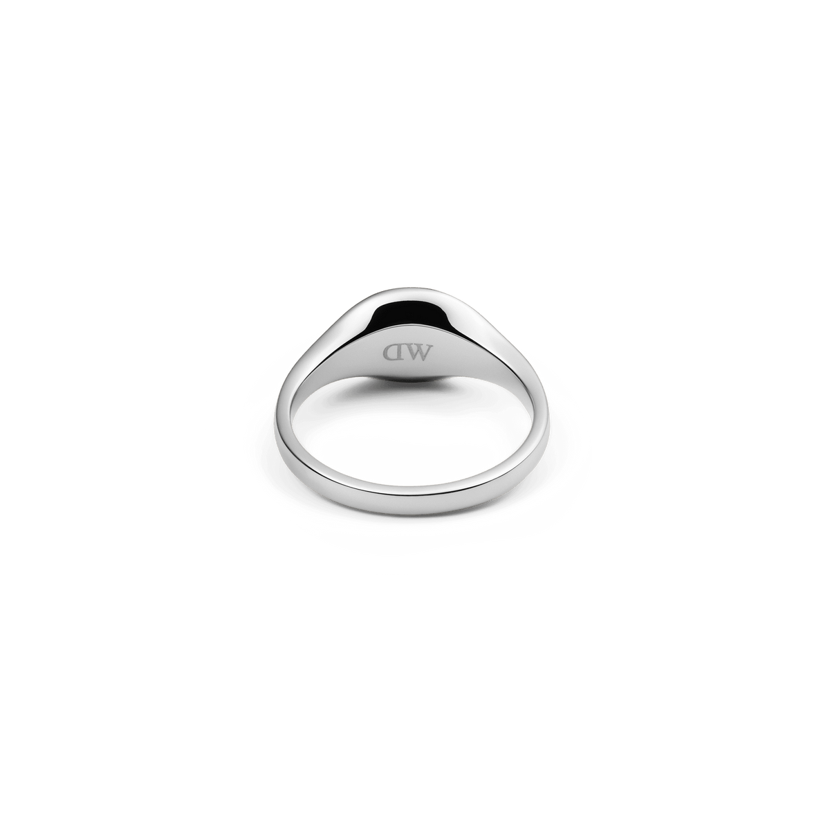 Classic Mini Signet Ring Silver shown from the inside, highlighting the engraved Daniel Wellington logo on the polished 316L stainless steel band.