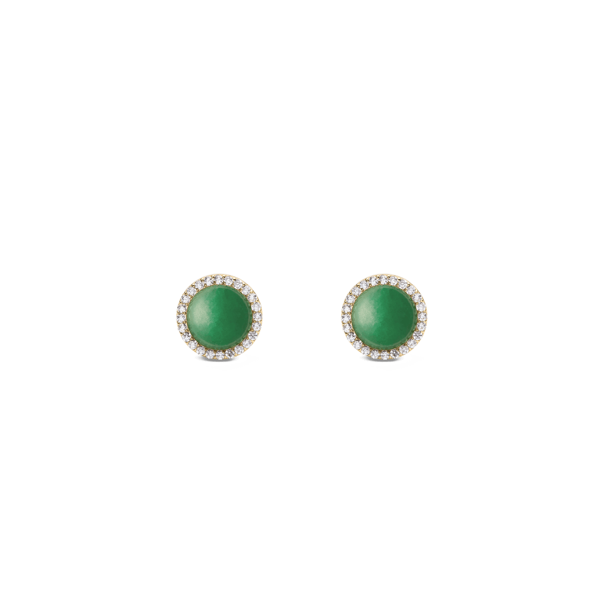 Pair of round gold stud earrings featuring a central green jade stone, surrounded by a border of sparkling white cubic zirconia crystals.