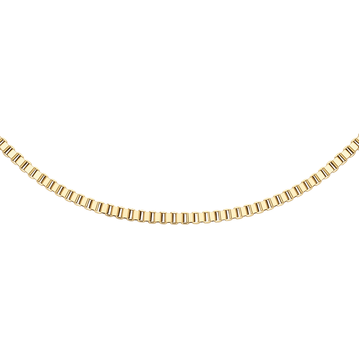 Gold box chain necklace with a polished, geometric design and a subtle, elegant shine.