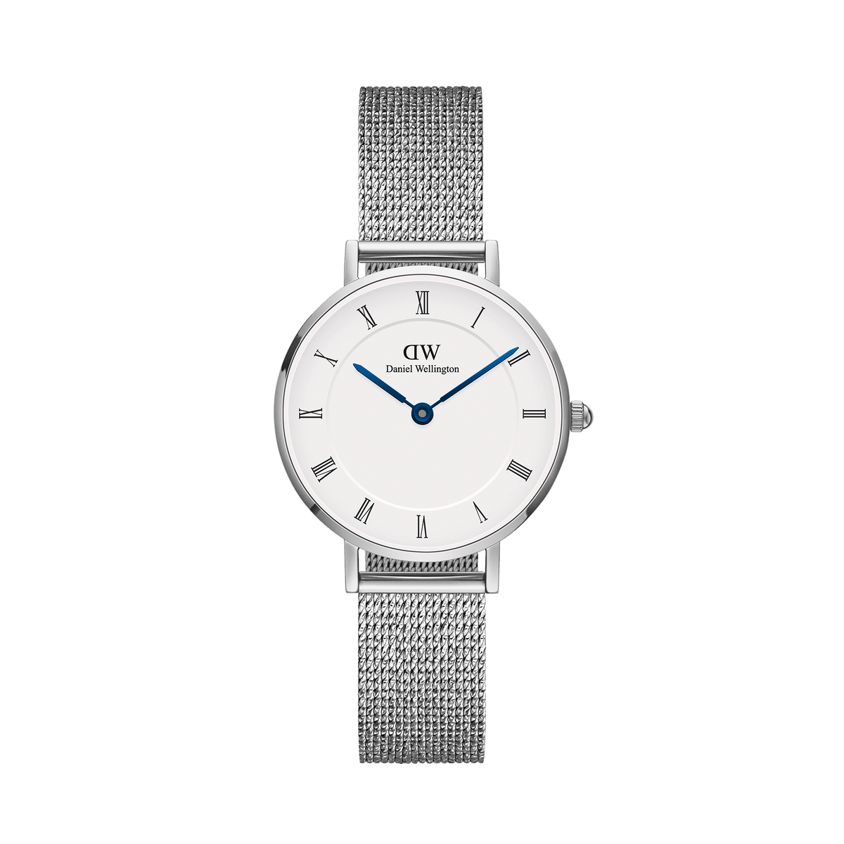Petite silver women’s watch with Roman numerals, blue hands, white dial, and a delicate stainless steel mesh strap.