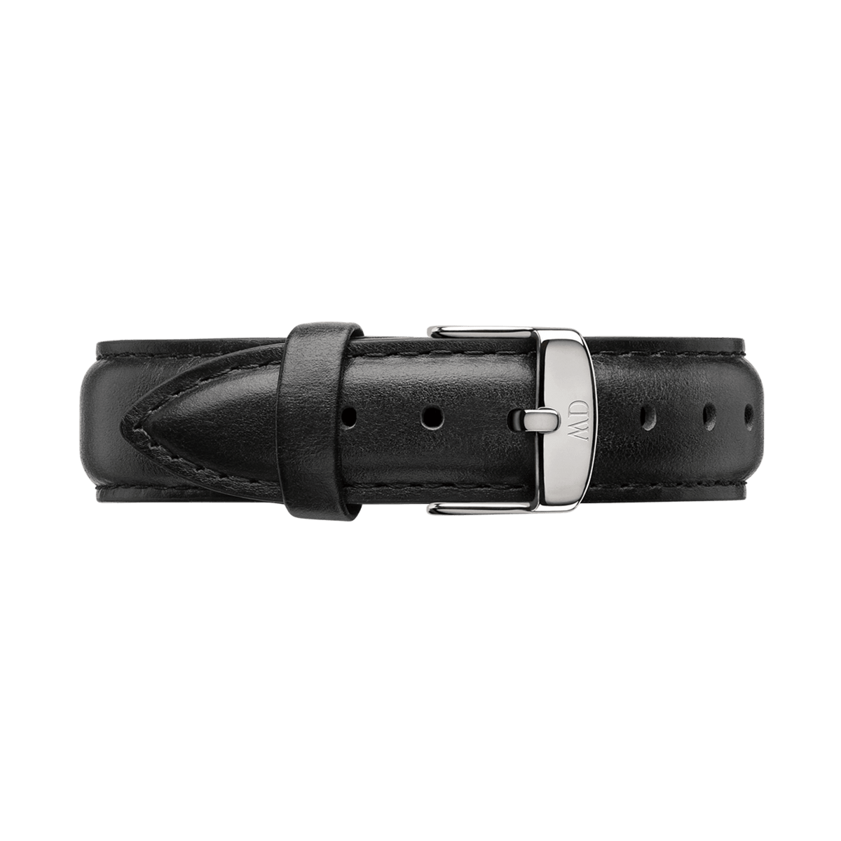 Refined Sheffield Strap Silver in black leather with a smooth finish, subtle stitching, and a polished silver buckle, designed to fit Daniel Wellington watches for a classic and versatile update.