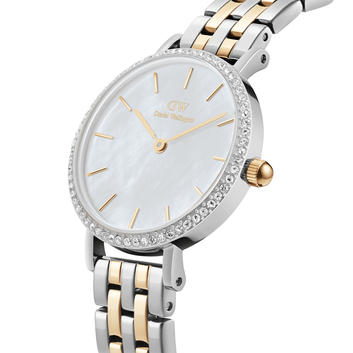 Two-tone silver and gold women’s watch with crystal bezel, white mother of pearl dial, and 5-link stainless steel strap.