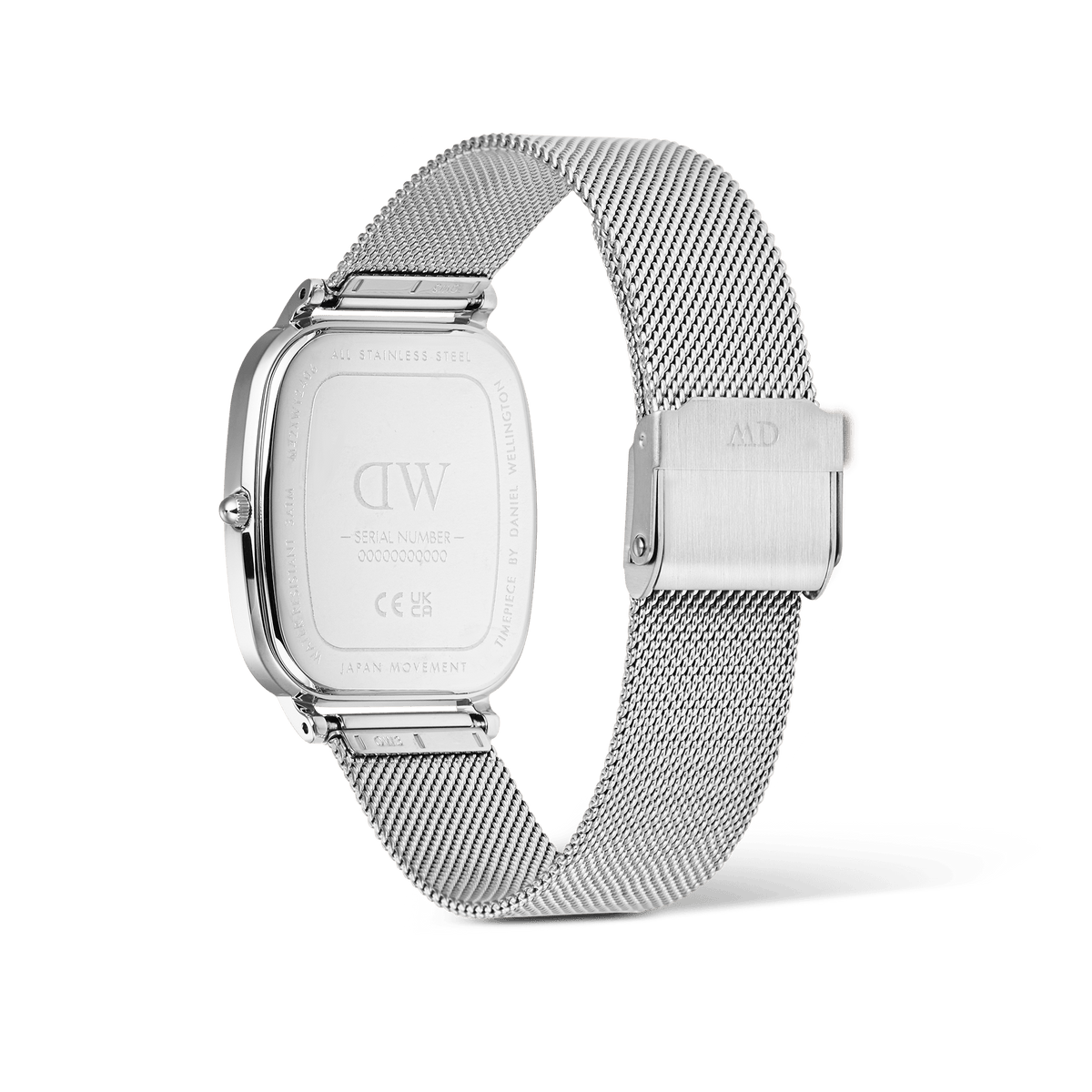 Rear view of the Daniel Wellington Marlon Sterling Linen watch, showing the engraved stainless steel case back, adjustable silver mesh strap, and secure clasp fastening.