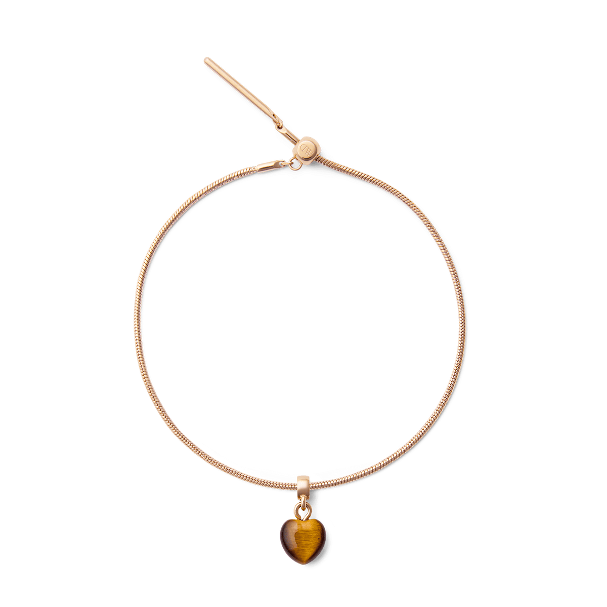 Rose gold bracelet featuring a heart-shaped tiger eye charm with golden-brown veining, designed for a refined and elegant look.