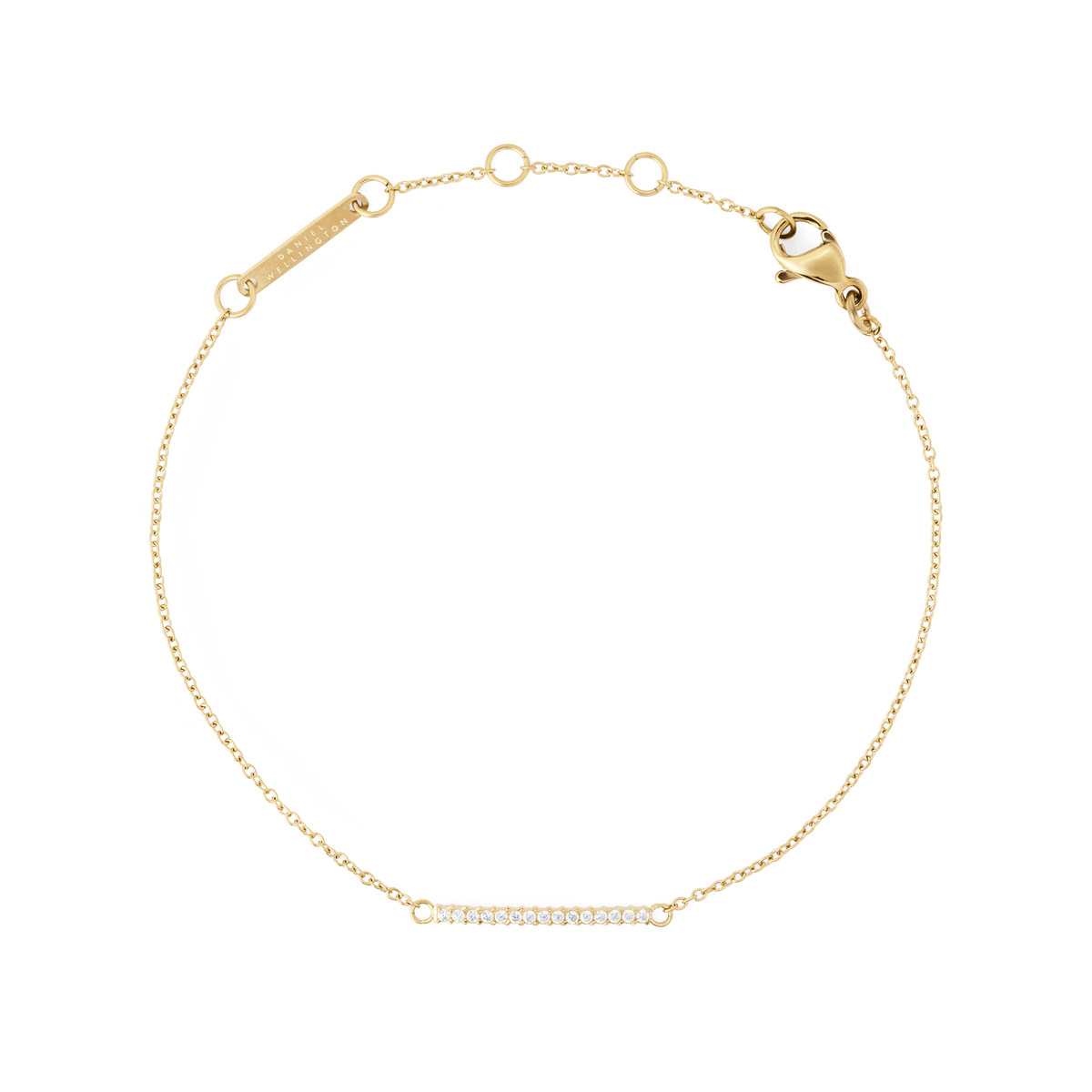 Delicate gold bracelet with an adjustable fine chain, featuring a slim bar set with white cubic zirconia crystals and a secure lobster clasp.