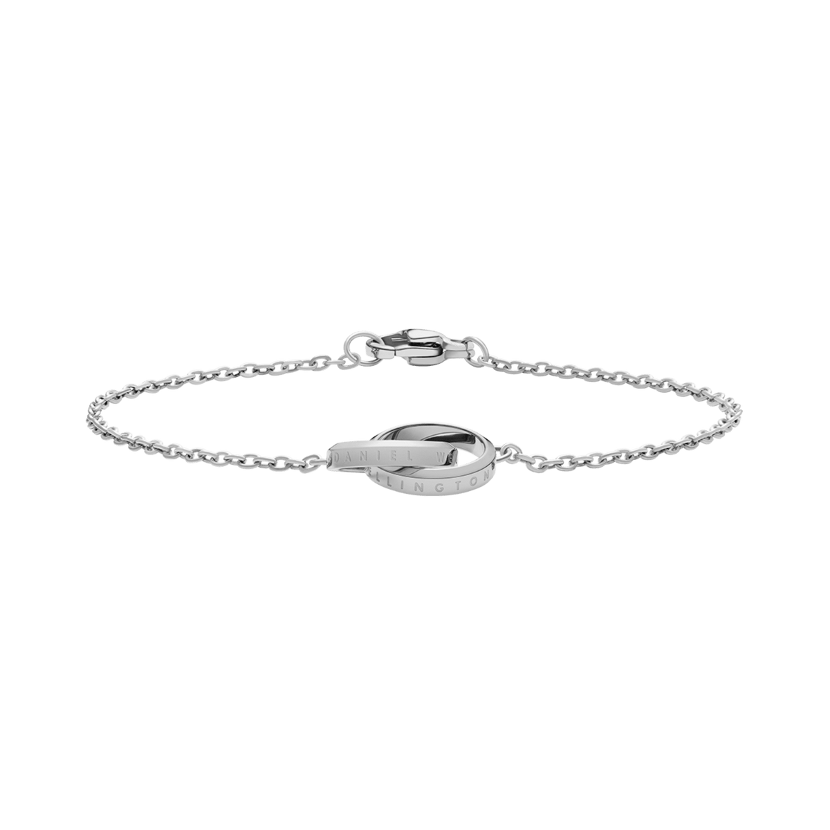 Polished silver Elan Unity Bracelet by Daniel Wellington featuring two interlocking engraved rings on a fine stainless steel chain.