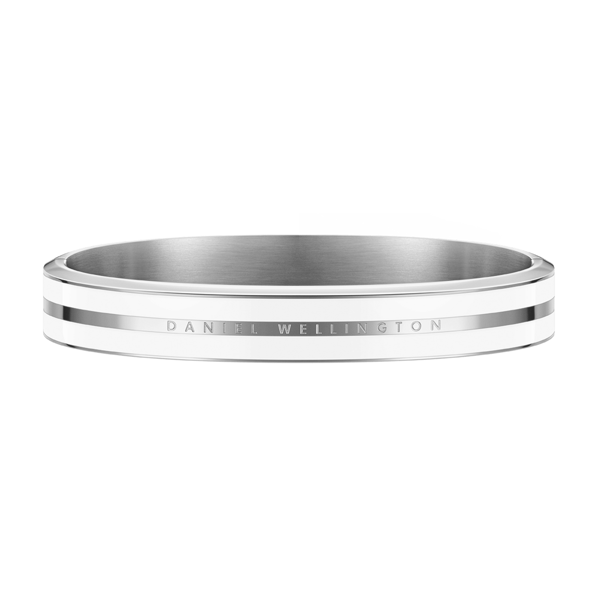 Sleek silver bangle bracelet with a satin white enamel band and subtle Daniel Wellington branding engraved along the edge.
