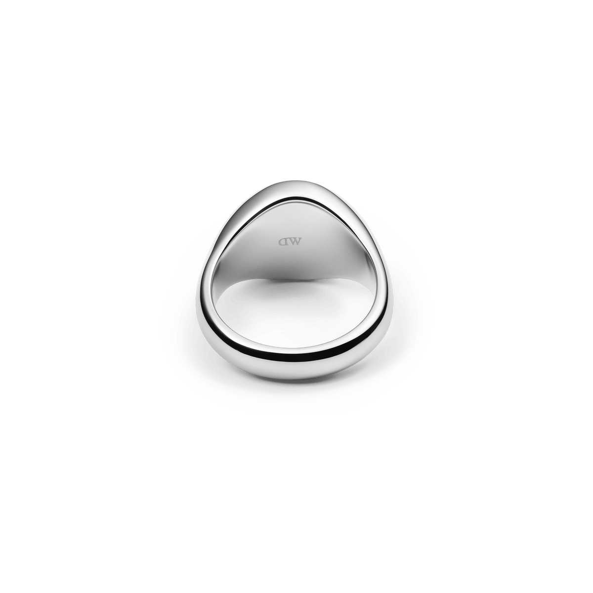 Classic Signet Ring Silver showing inner band with engraved DW logo, polished stainless steel, minimalist and timeless style.