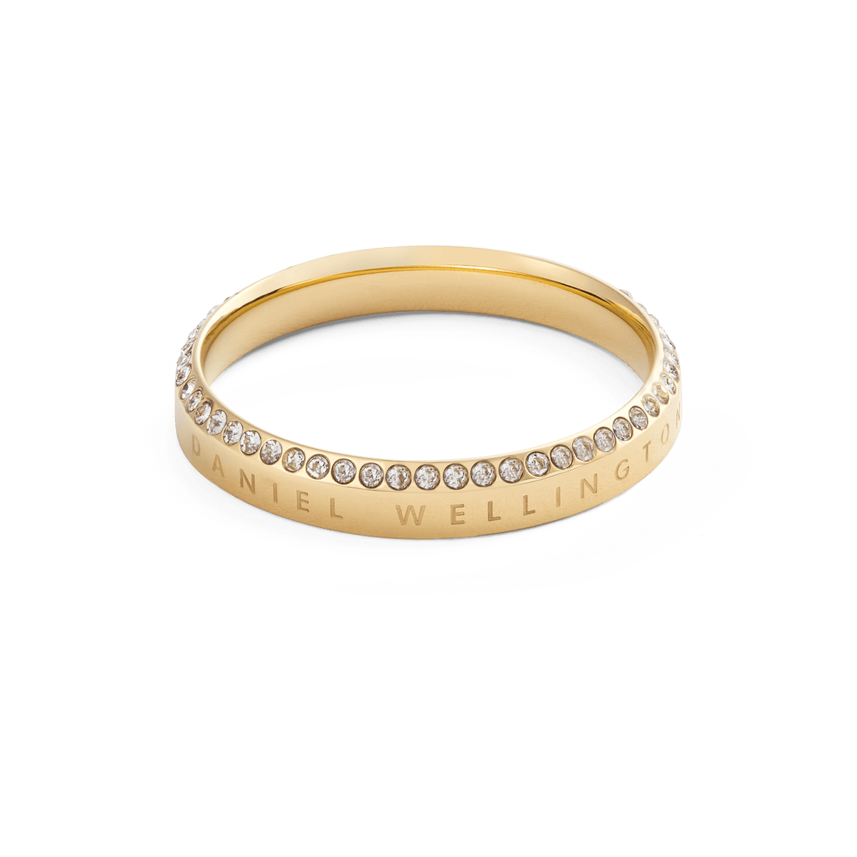 Classic Aura Ring Gold with a slim gold band, detailed with a row of white cubic zirconia crystals along the chamfered edge and Daniel Wellington engraving, showcasing a minimalist and elegant design.