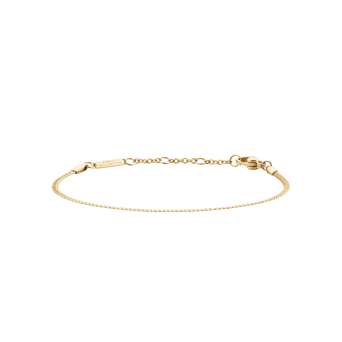 Slim gold flat chain bracelet with an adjustable clasp, crafted from stainless steel with a polished PVD gold finish.