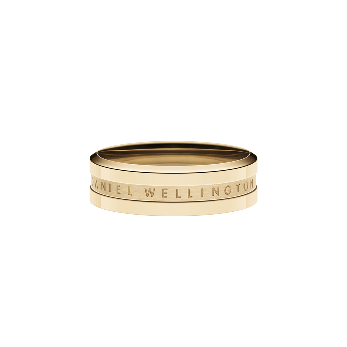 Elan Ring Gold by Daniel Wellington shown from the side, featuring a polished gold finish, minimalist band, and subtle engraved branding for a refined, timeless look.
