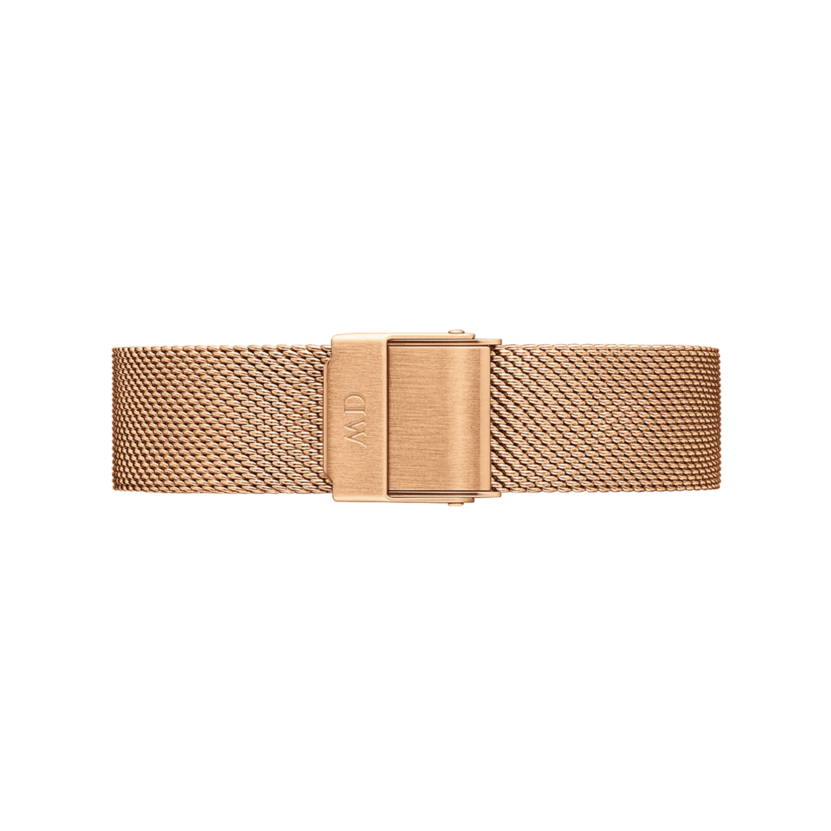 Rose gold mesh watch strap with a brushed stainless steel fold-over clasp, featuring an elegant woven design and adjustable fit.