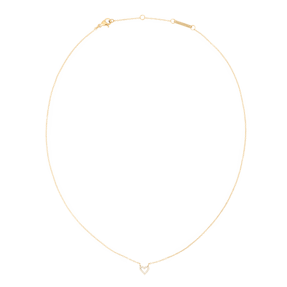 Delicate gold necklace featuring a fine adjustable chain and a sparkling heart-shaped pendant adorned with white cubic zirconia crystals. The minimalist design highlights the elegant charm, perfect for layering or wearing as a subtle statement piece.