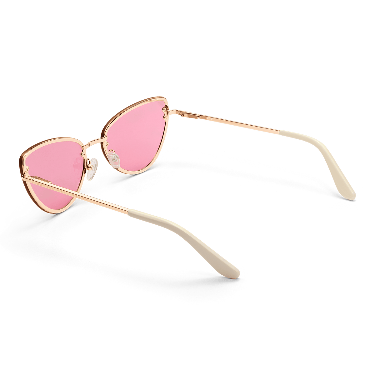 Lynx Steel Pink Gradient Rose Gold sunglasses with rose gold cat eye frames, pink gradient lenses, and ivory acetate temple tips, shown from a rear angle highlighting the slim arms and adjustable nose pads.