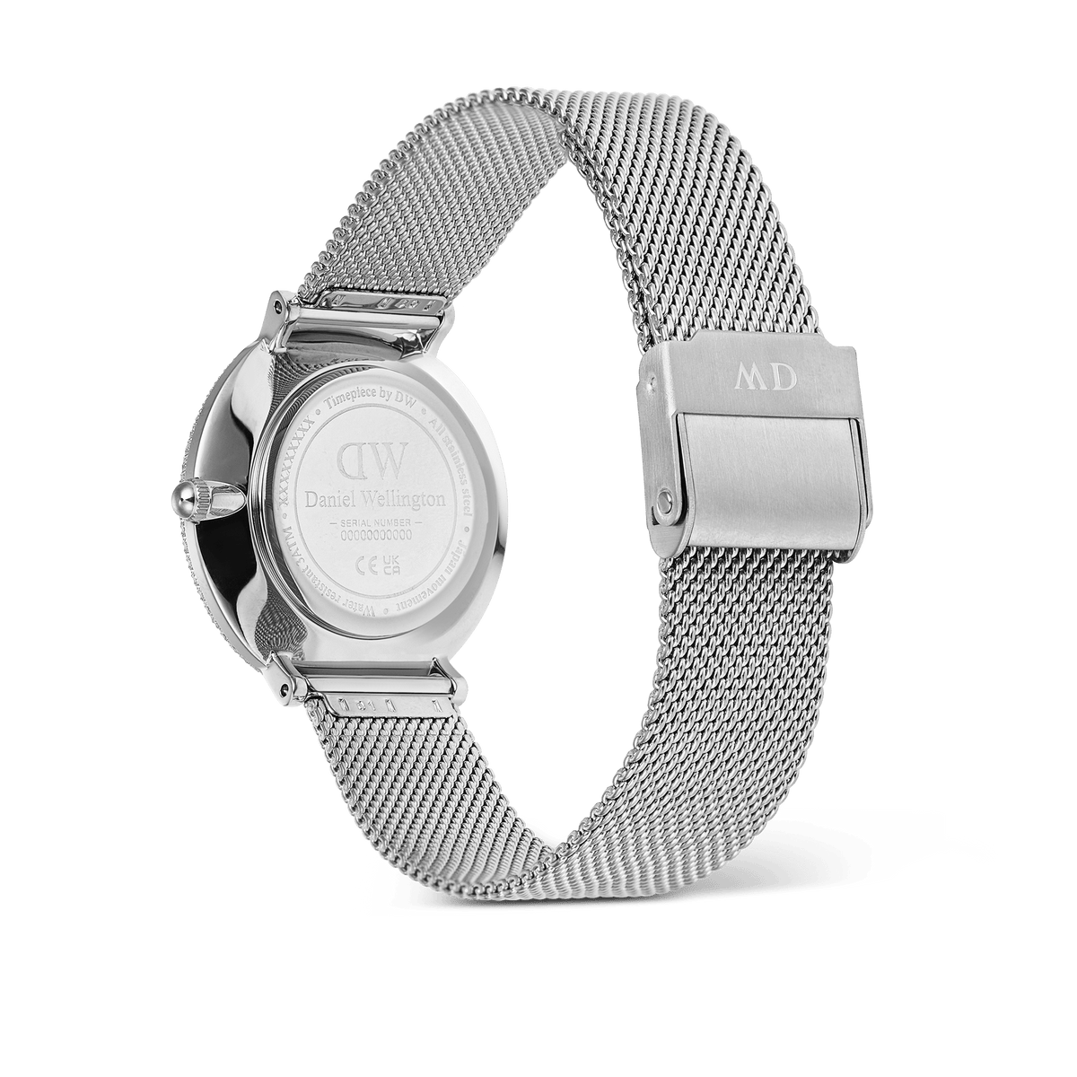 Back view of Crystalline Bezel Sterling Blue watch showing engraved case and adjustable silver mesh stainless steel strap.