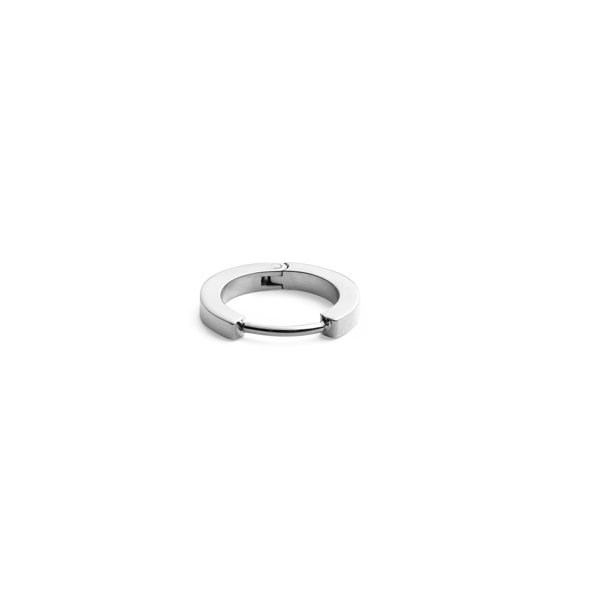 Petite silver hoop earring with a smooth, polished finish and a discreet hinged fastening, crafted from stainless steel.