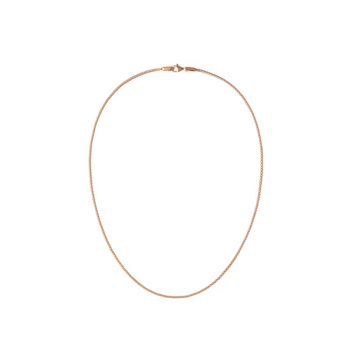 Rose gold mesh necklace with a fine, lightweight chain and a secure lobster clasp, crafted from 316L stainless steel with a polished PVD rose gold finish.
