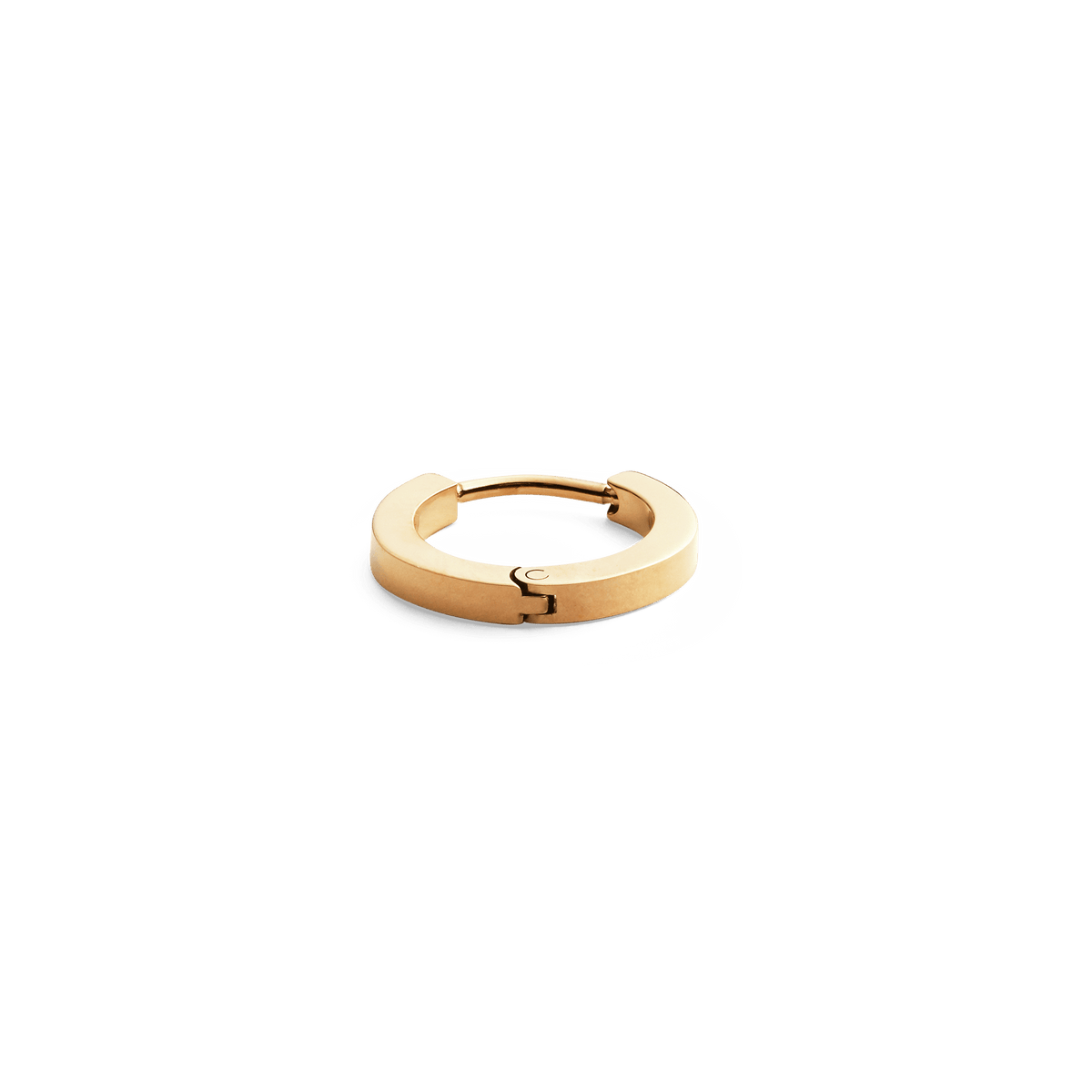 Petite gold hoop earring with a polished finish and secure hinge, crafted from stainless steel with PVD gold plating.