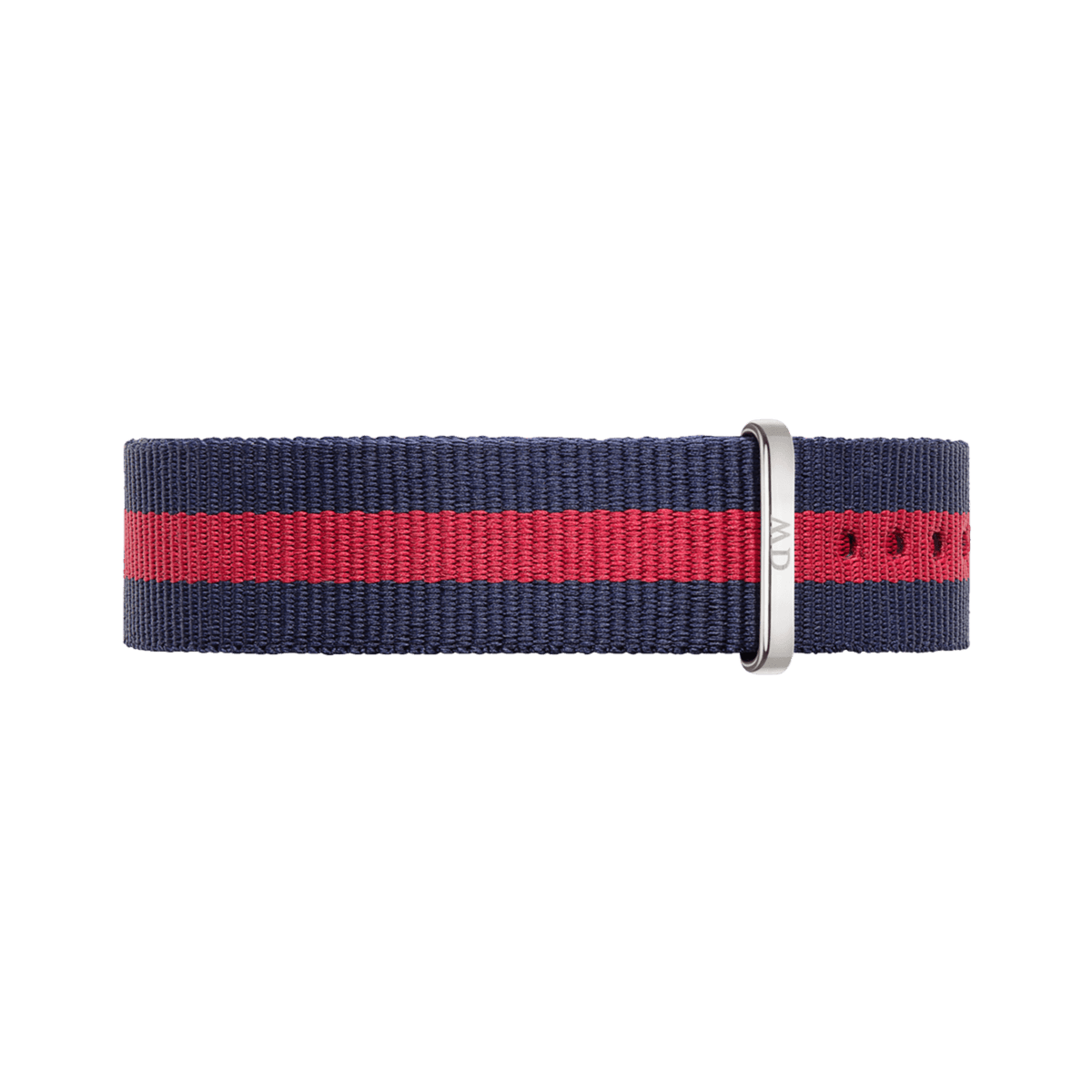Oxford Strap Silver NATO watch strap in navy and red polyester with silver buckle, fits 40mm Daniel Wellington watches.