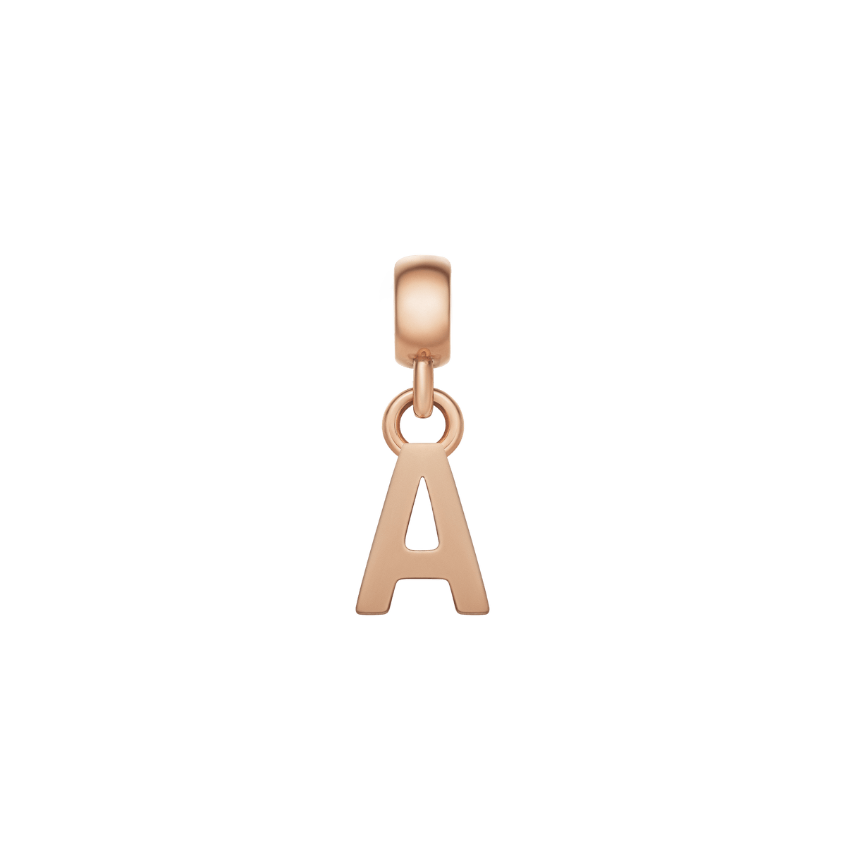Rose gold letter A charm with a polished finish, crafted from stainless steel and designed to hang elegantly from a bracelet or necklace. The charm features a petite, minimalist silhouette with a smooth surface and a secure anti-slip silicone lining.