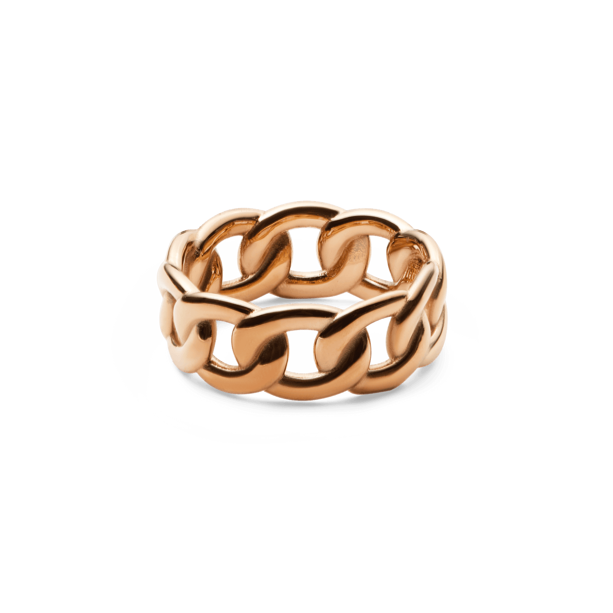 Polished rose gold chunky chain ring with interlocking, rounded links and a sculptural, contemporary design.