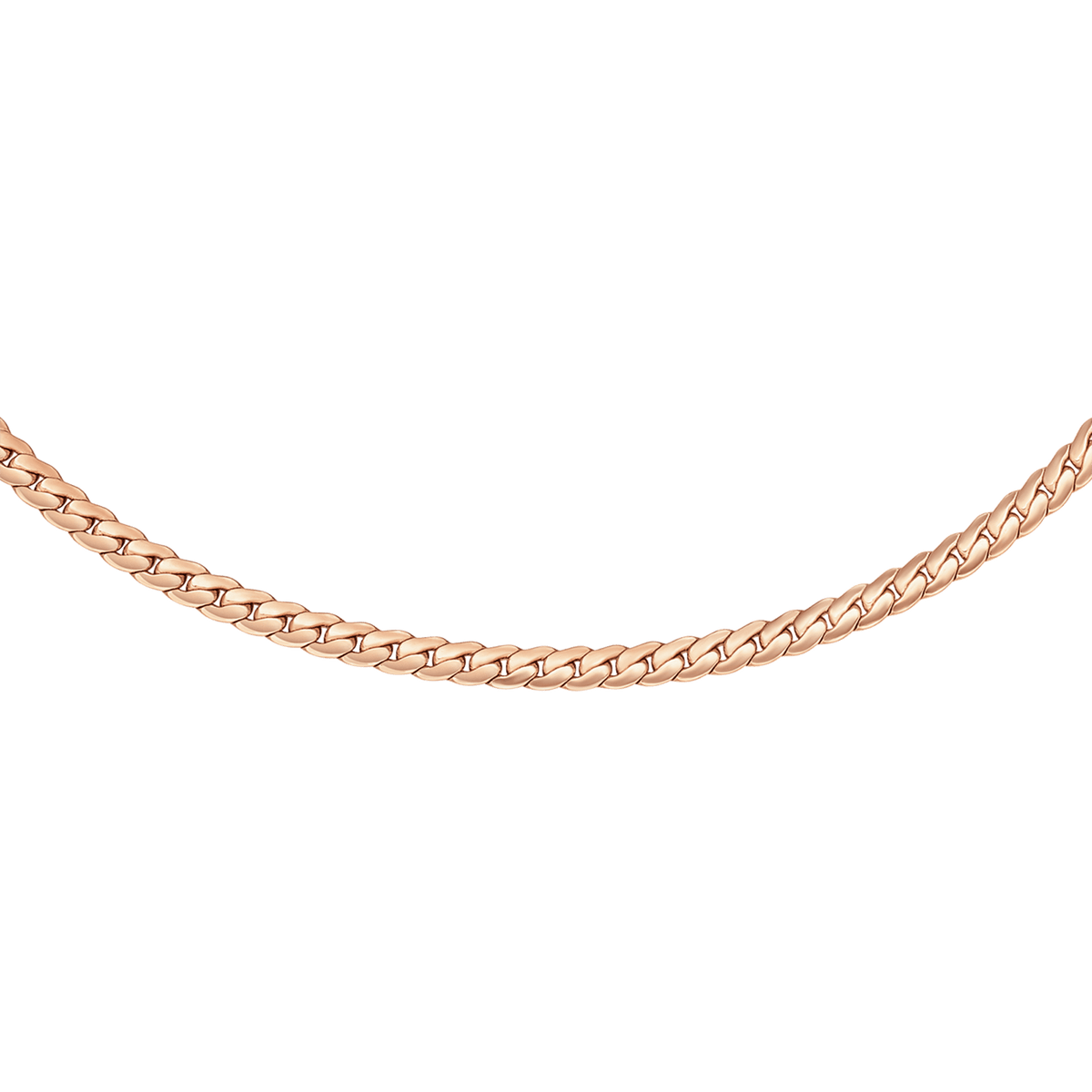 Flat chain necklace in polished rose gold with smooth, interlocking links and a sleek, minimalist design.