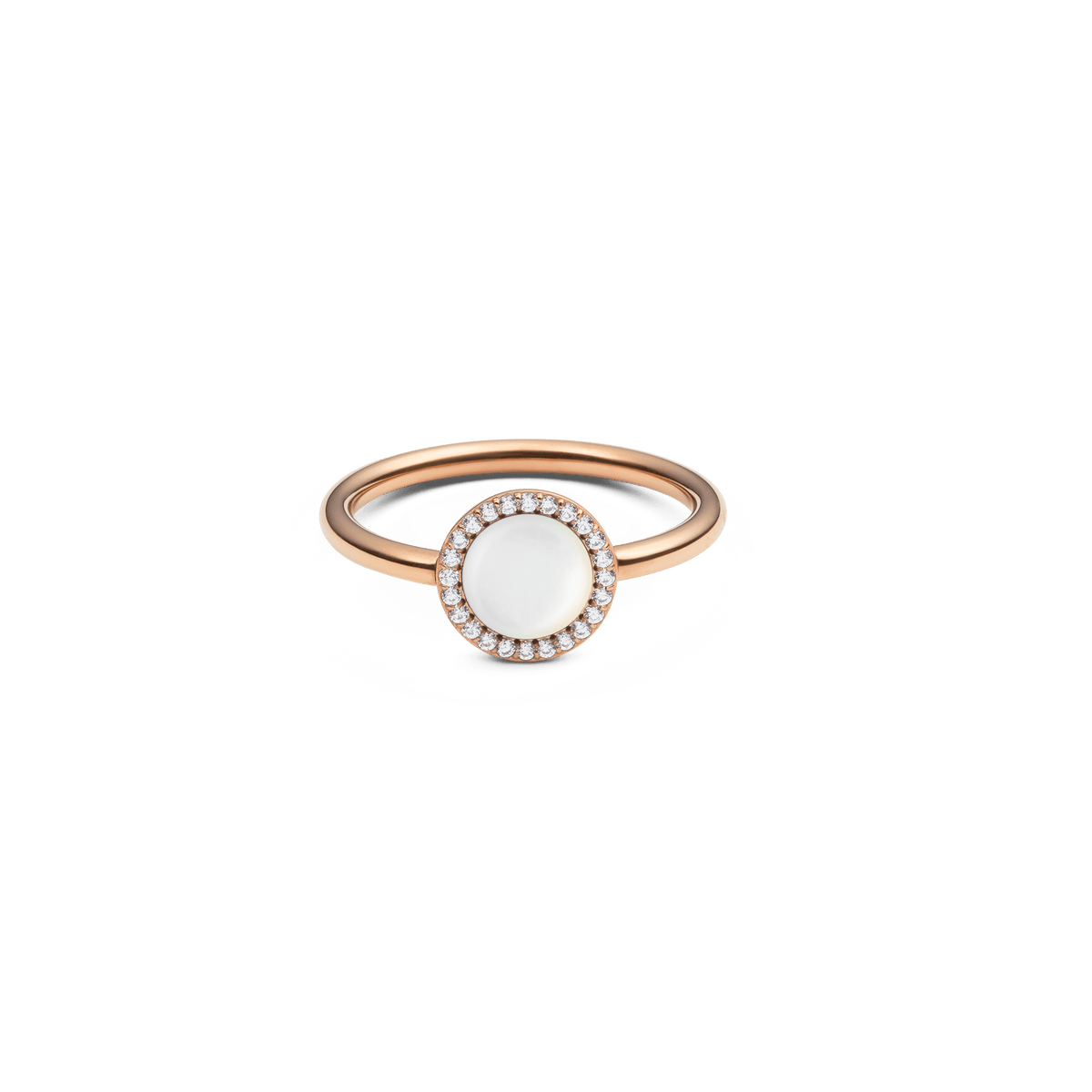 Rose gold ring with domed mother of pearl centrepiece, surrounded by sparkling cubic zirconia, elegant and timeless design.