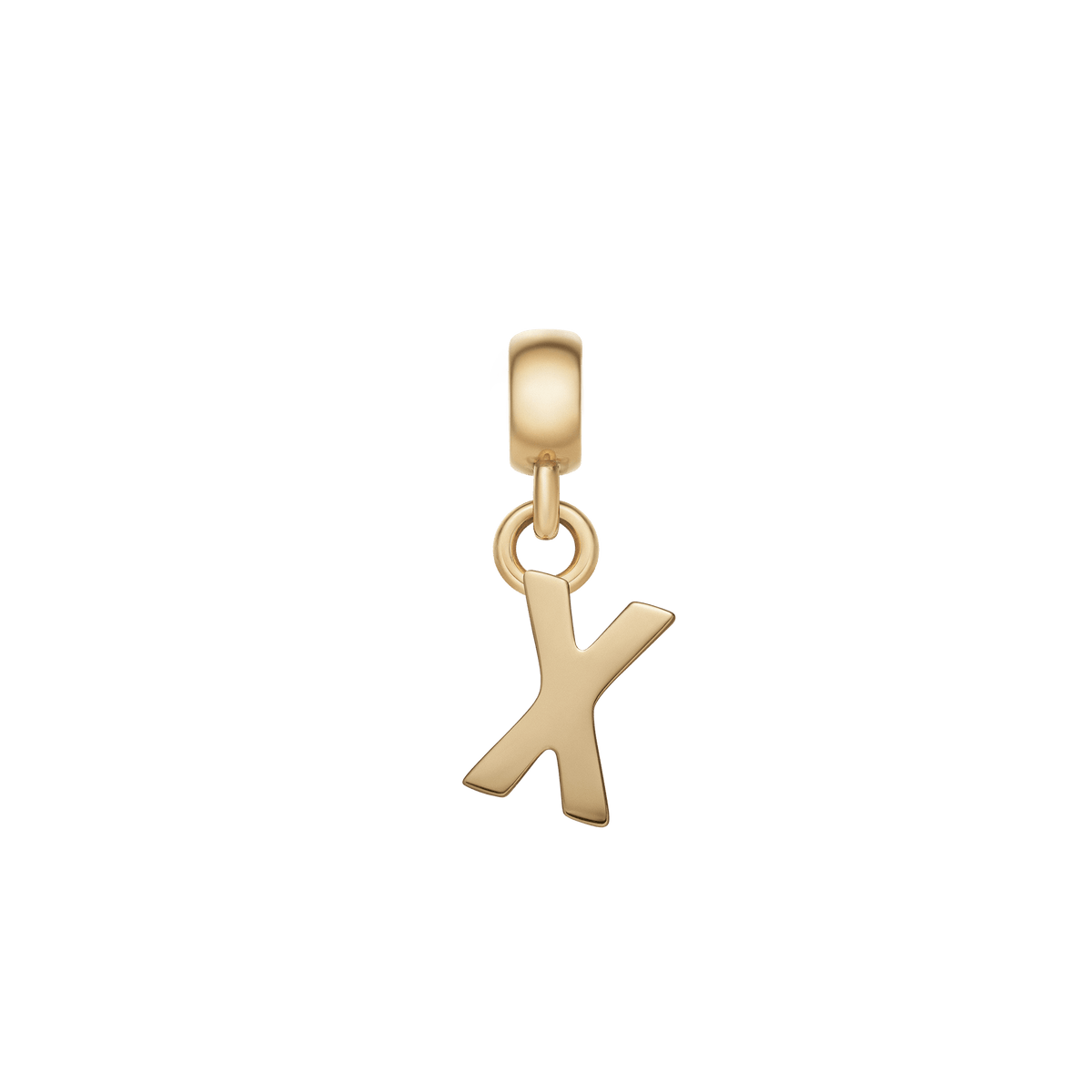 Gold letter “X” charm with a smooth, polished finish, crafted from stainless steel with PVD gold plating and an adjustable clasp, perfect for personalising bracelets or necklaces.
