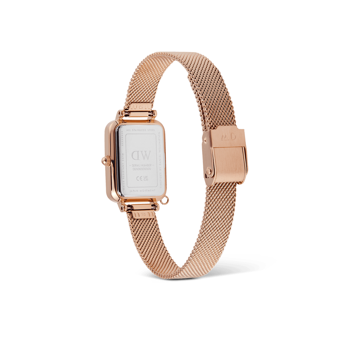 Rear view of the Quadro Crystal Zodiac Melrose Set, showing the engraved stainless steel case back and the adjustable rose gold mesh strap with a secure clasp.