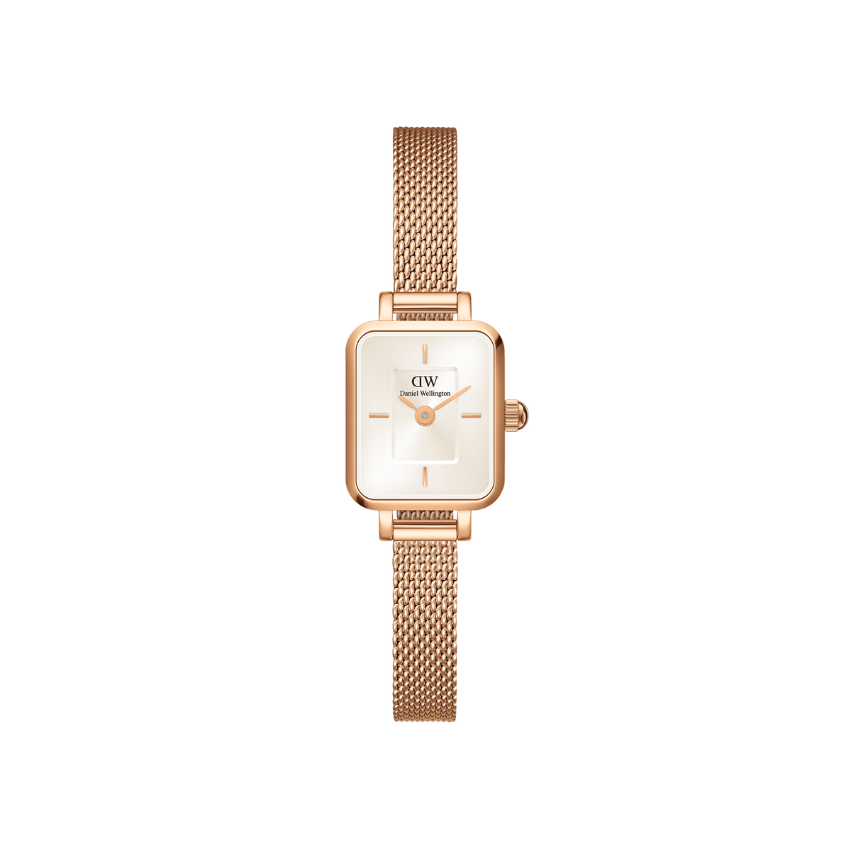 Quadro Mini Melrose Champagne women’s watch featuring a petite rectangular champagne sunray dial and an elegant rose gold mesh bracelet, crafted from stainless steel for a refined and timeless look.