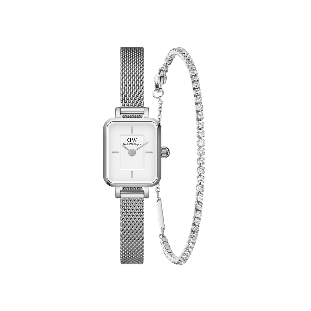 Silver Daniel Wellington Quadro Mini watch with a rectangular white dial and slender mesh strap, paired with an elegant tennis bracelet featuring sparkling crystals.