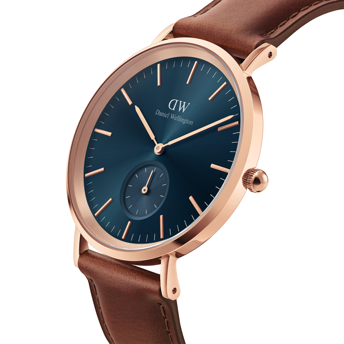 Daniel Wellington Classic Multi-Eye St Mawes Arctic Rose Gold watch featuring a blue multi-eye dial, rose gold stainless steel case, and brown leather strap.