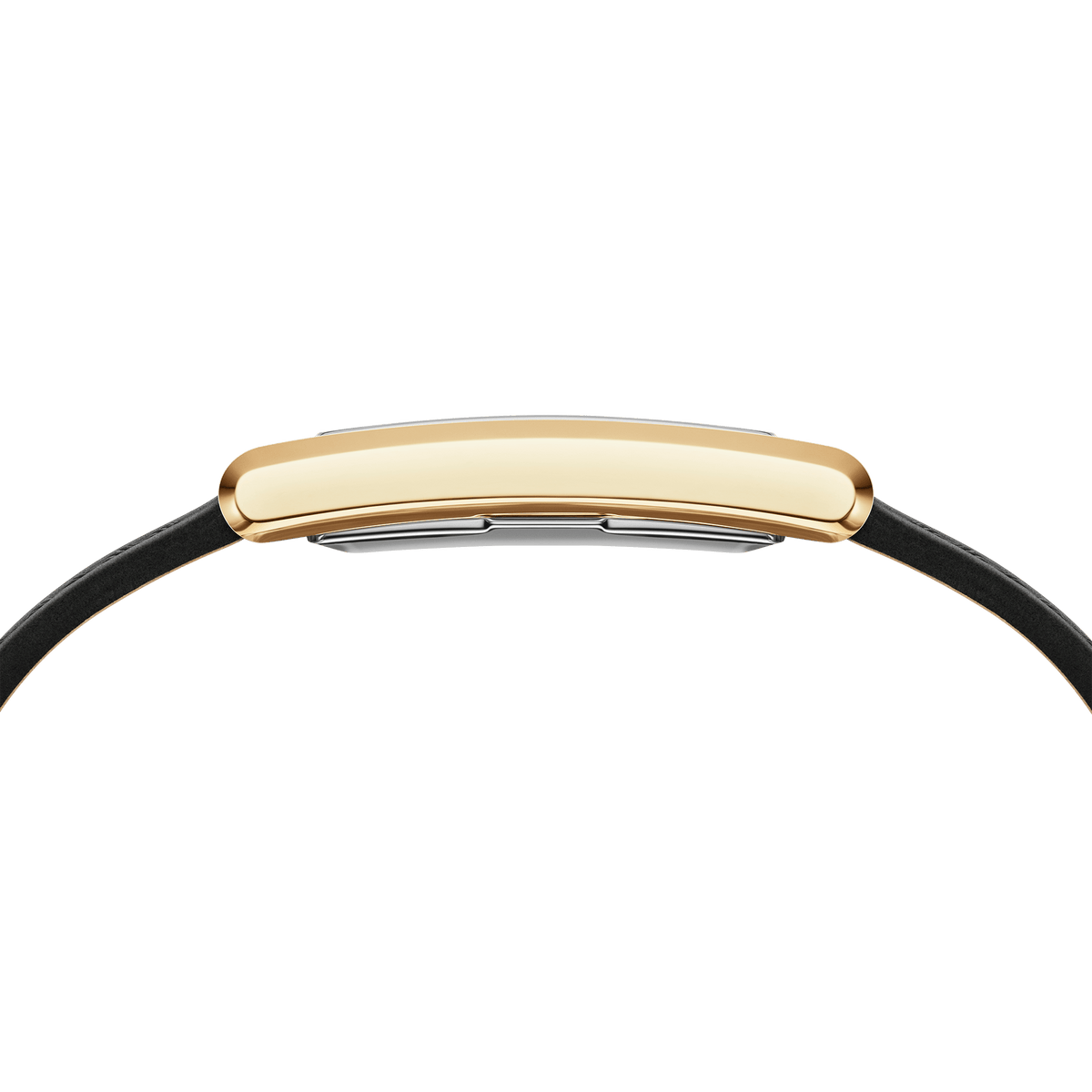 Side profile of the Bound Black Crocodile Gold watch, showing its slim rectangular gold case with a softly curved design and a black leather strap. The sleek silhouette highlights the watch’s refined and elegant craftsmanship.